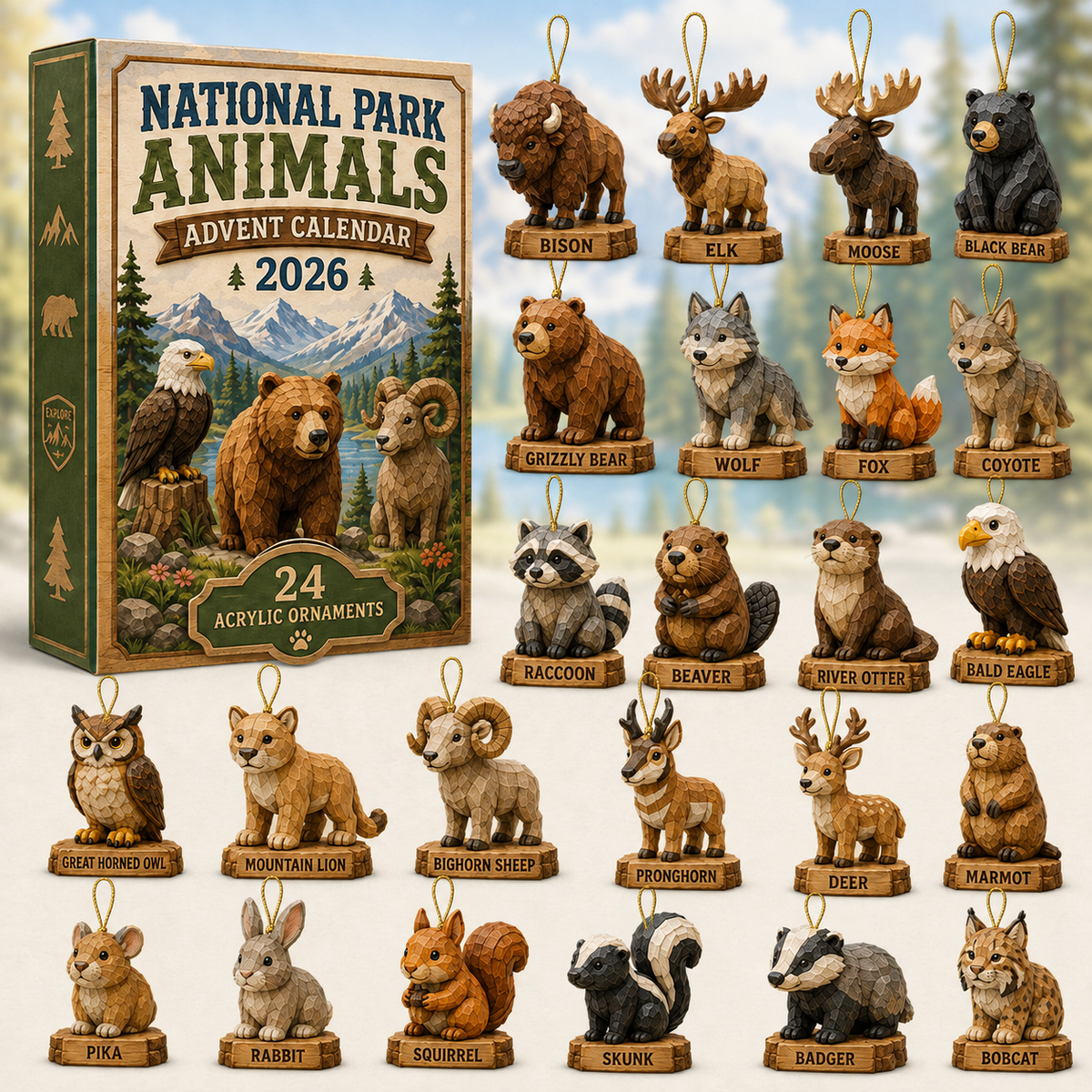 National Park Adorable Animals Advent Calendar 2026 - 24-Day Festive Countdown, Acrylic Charms Blind Box - Gift For Family & Friends