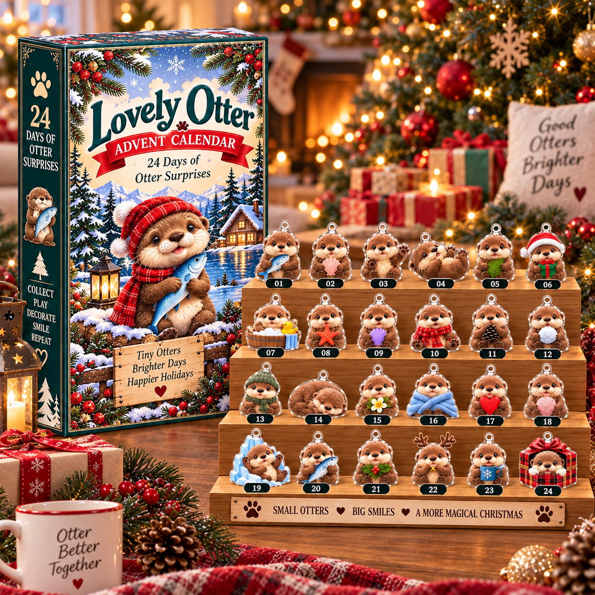 Lovely Otter Advent Calendar 24 Days of Surprises Acrylic Ornaments Christmas Countdown Box Cute Gift for Otter Lovers