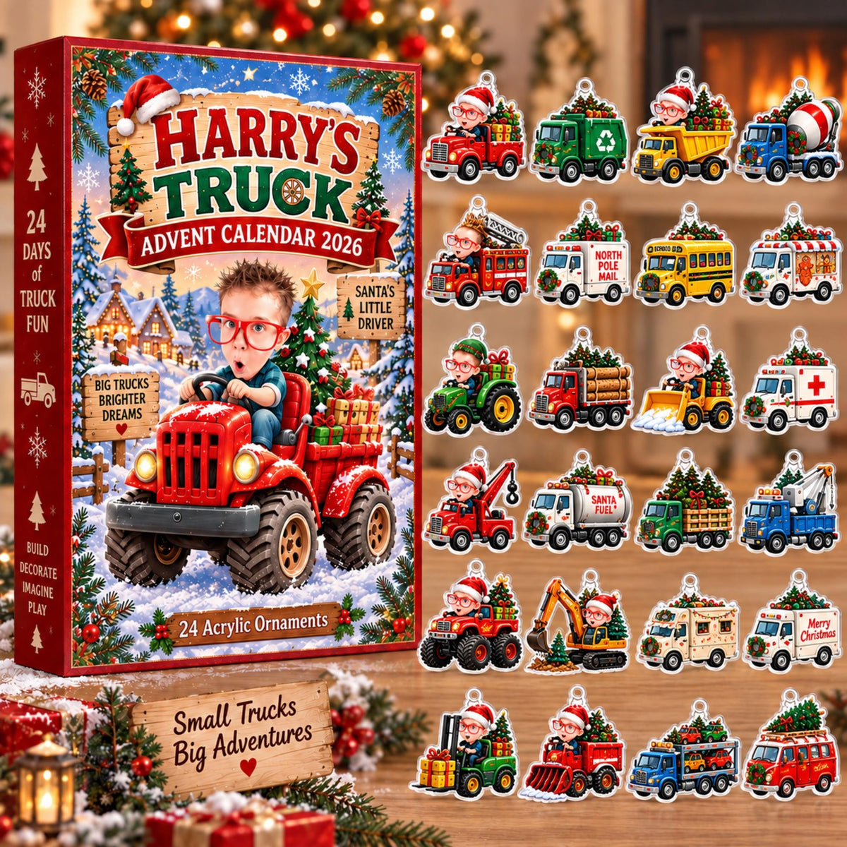 Personalized Truck Advent Calendar 2026, Custom Photo & Name, 24 Acrylic Truck Ornaments, Kids Christmas Countdown, Truck Lover Gift