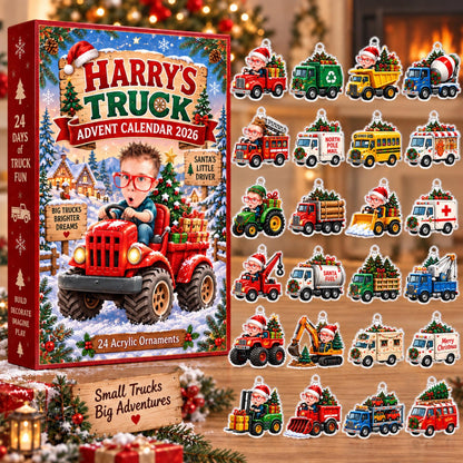 Personalized Truck Advent Calendar 2026, Custom Photo & Name, 24 Acrylic Truck Ornaments, Kids Christmas Countdown, Truck Lover Gift