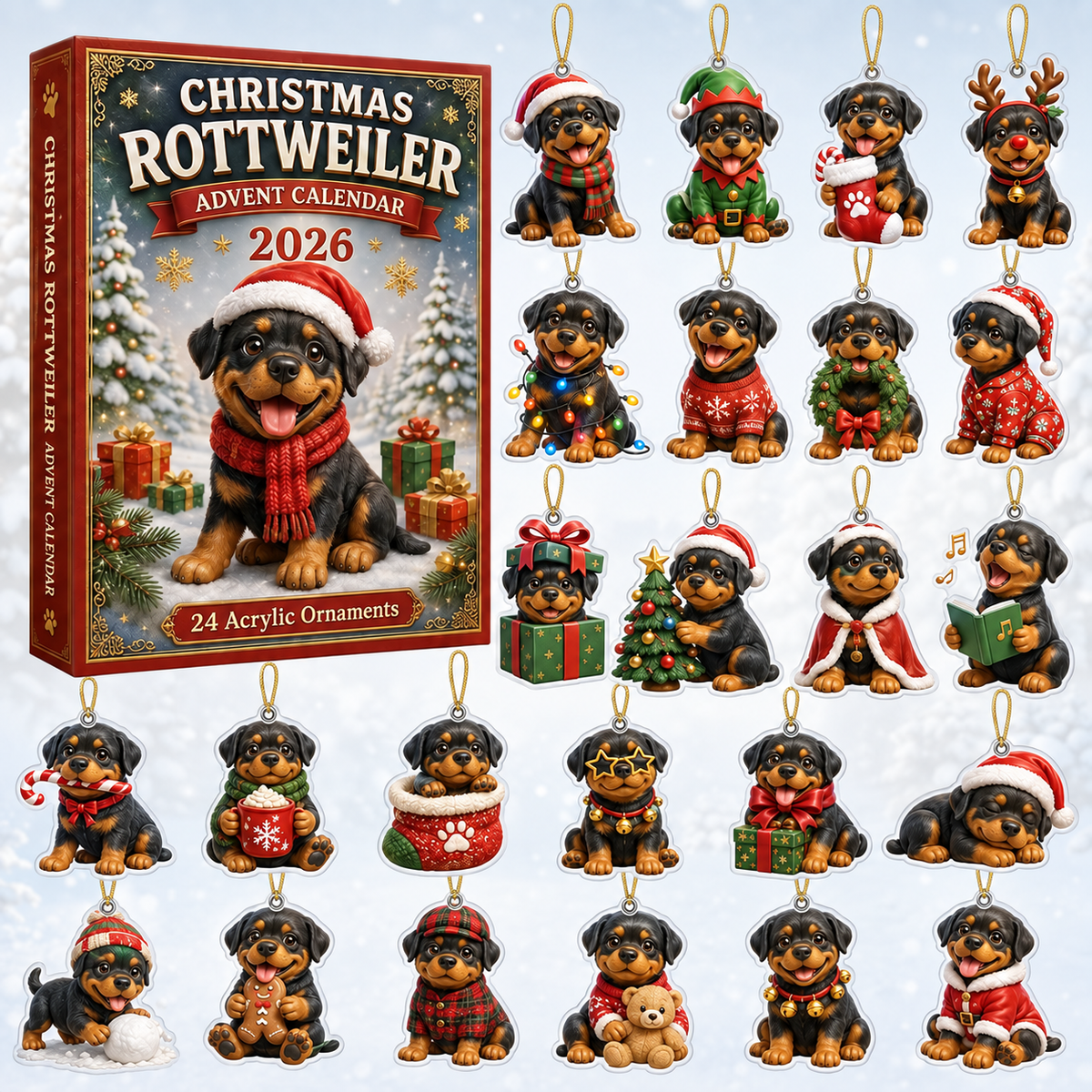 Christmas Rottweiler Advent Calendar 2026 - 24-Day Festive Countdown, Acrylic Charms Blind Box - Gift For Rottweiler Lovers