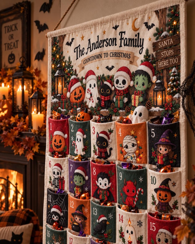 Personalized Spooky Christmas Fabric Advent Calendar, 25 Day Halloween Holiday Pocket Countdown, Custom Family Quilted Wall Hanging