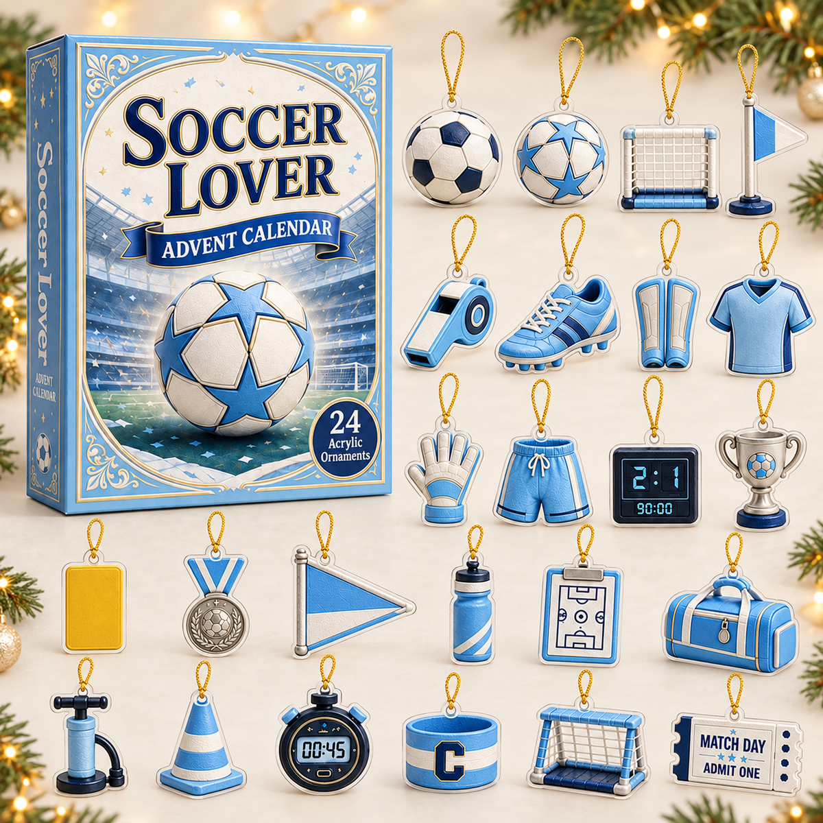 Soccer Theme Blue Advent Calendar 2026 - 24-Day Festive Countdown, Acrylic Charms Blind Box - Gift For Soccer Lovers