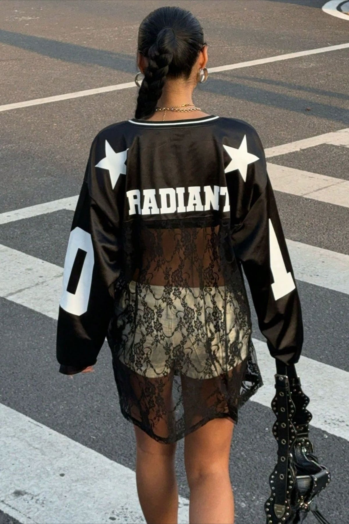 Lace Sheer V Neck Print Sweatshirt