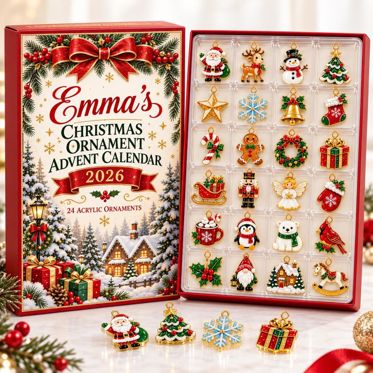 Personalized Christmas Advent Calendar 2026, 24 Acrylic Ornaments, Holiday Countdown Box, Custom Name Xmas Gift for Kids & Family John