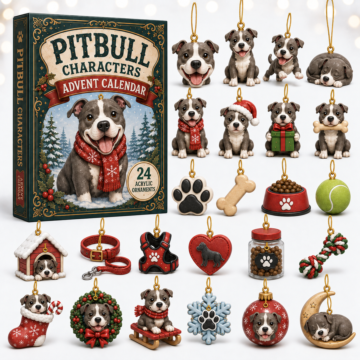 Pitbull Characters Advent Calendar 2026 - 24-Day Festive Countdown, Acrylic Charms Blind Box - Gift For Pitbull Lovers