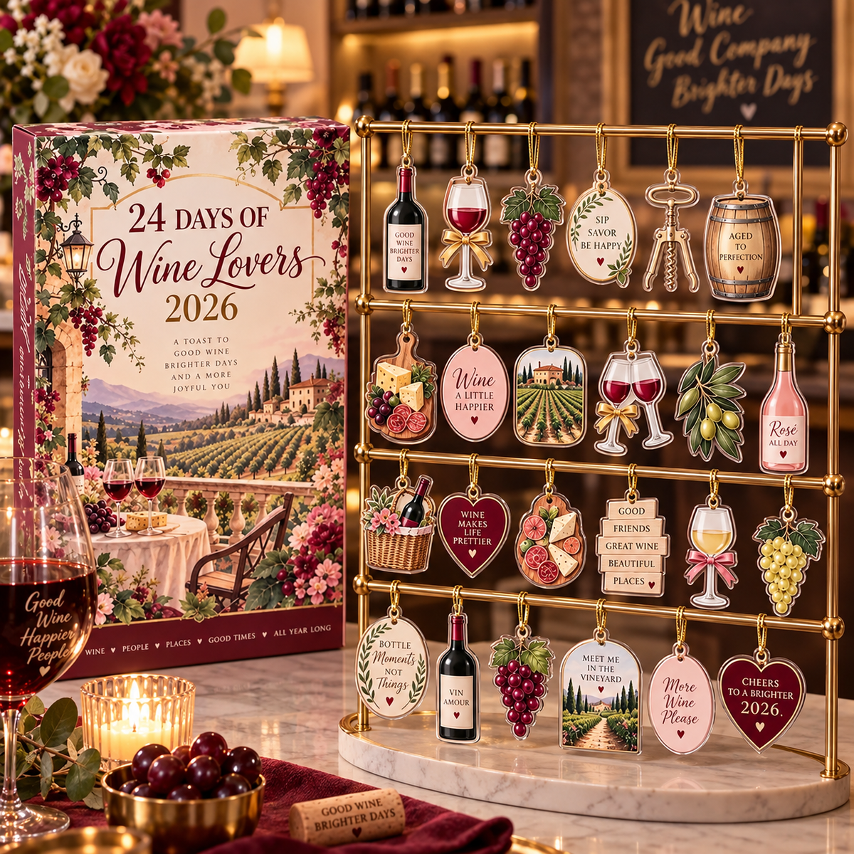 Wine Lovers Advent Calendar 2026, 24 Day Xmas Countdown, Wine Ornaments, Vineyard Holiday Gift, Sommelier Gift for Women, Wine Lover Decor