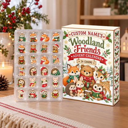 Personalized Woodland Friends Advent Calendar Box, Custom Name 24 Charm Christmas Countdown, Kids Holiday Keepsake Gift