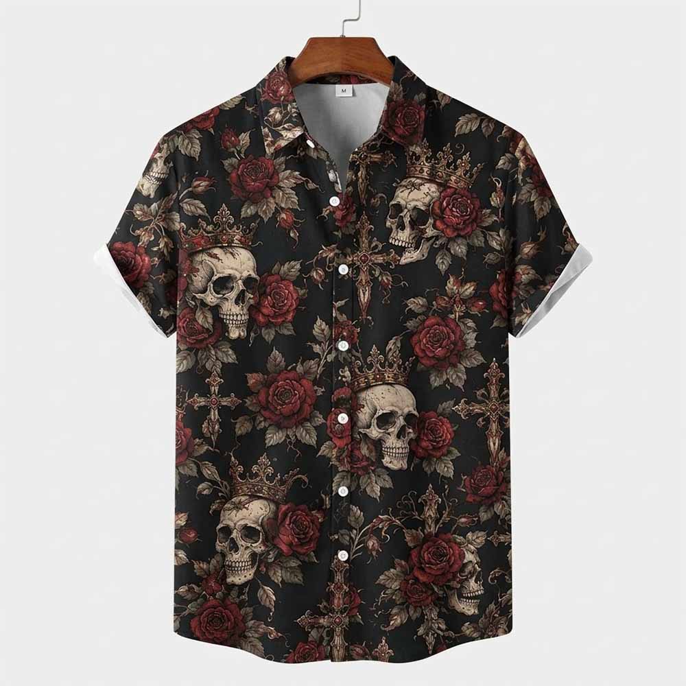 Floral Skull Print Polyester Hawaiian Shirt