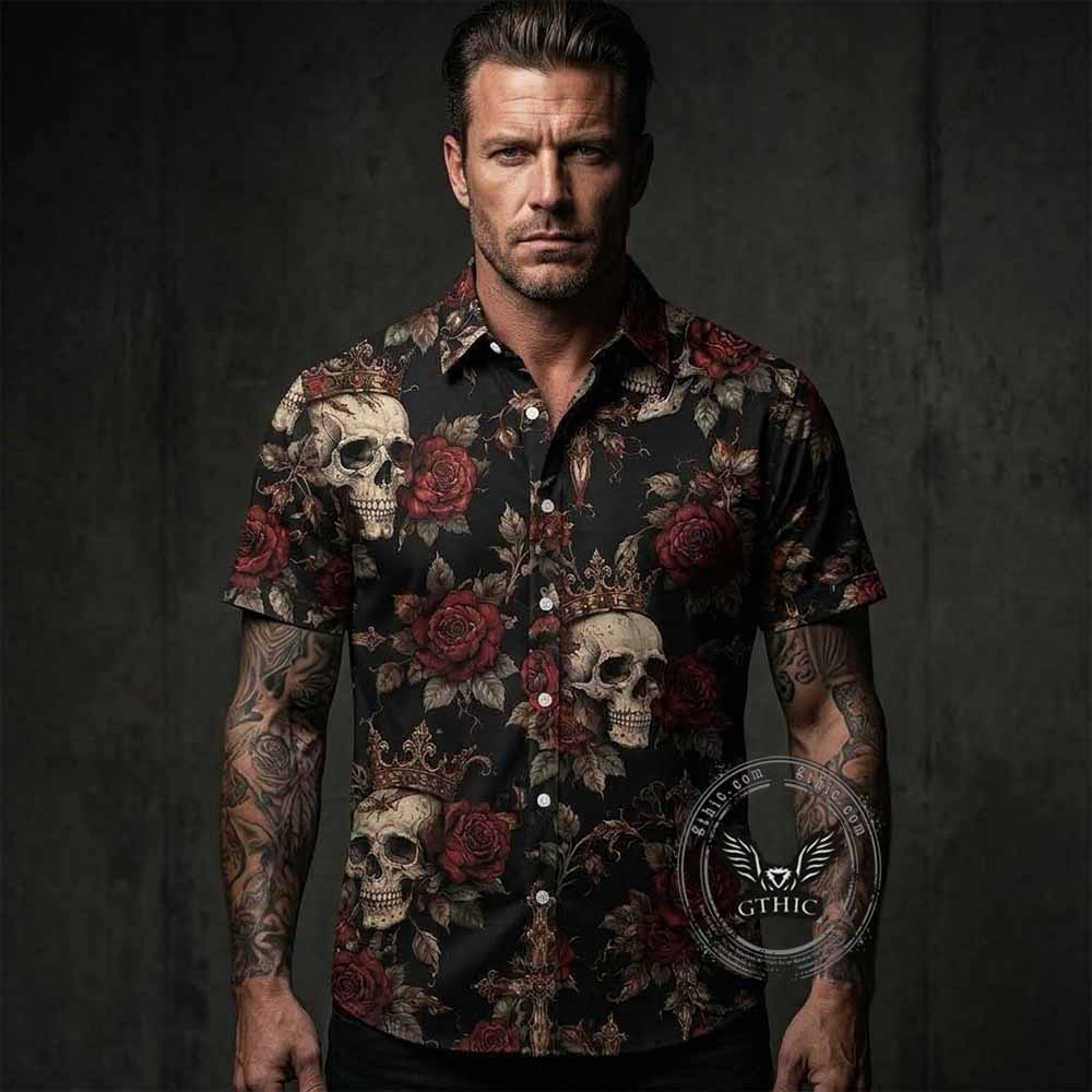 Floral Skull Print Polyester Hawaiian Shirt