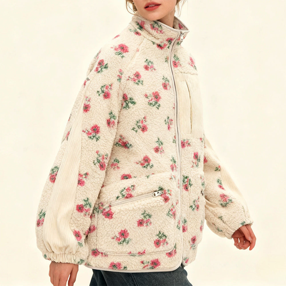 Floral Faux Sherpa Fleece Jacket