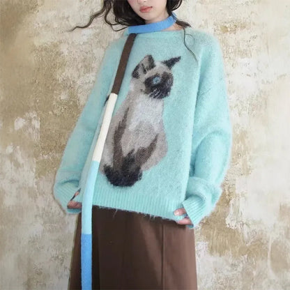 Fluffy Siamese Cat Print Jumper