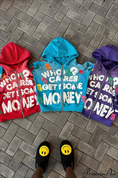 Foam Letter Print Hip-Hop Zip Hoodie