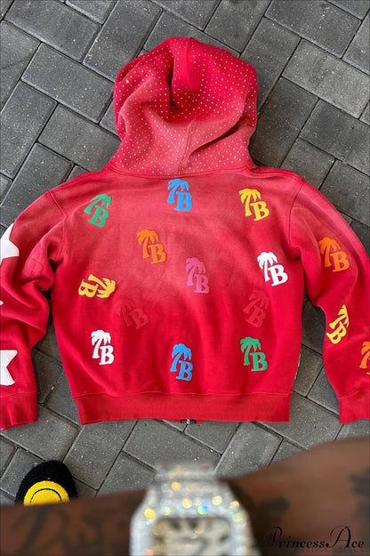Foam Letter Print Hip-Hop Zip Hoodie