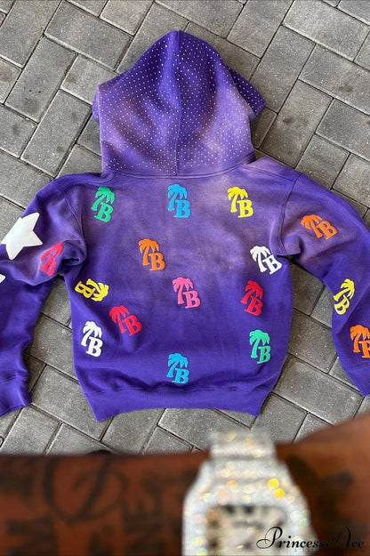 Foam Letter Print Hip-Hop Zip Hoodie