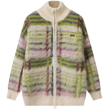Indie Kid Fuzzy Plaid Zip Up Sweater