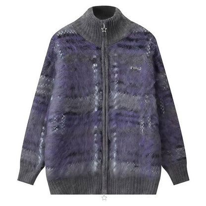 Indie Kid Fuzzy Plaid Zip Up Sweater