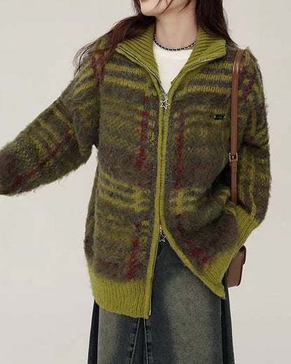 Indie Kid Fuzzy Plaid Zip Up Sweater