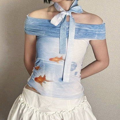 Goldfish Print Off-Shoulder Top