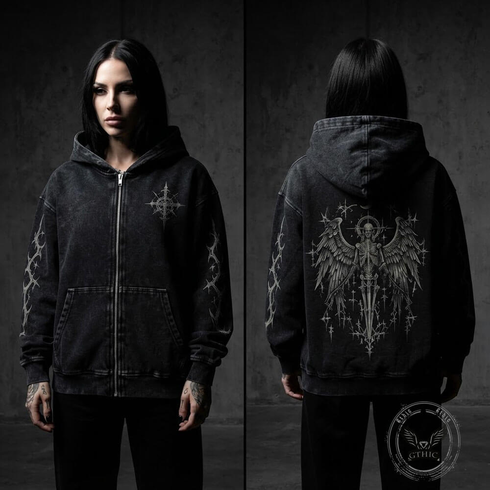 Gothic Angel Sword Vintage Washed Zip-Up Hooded Jacket