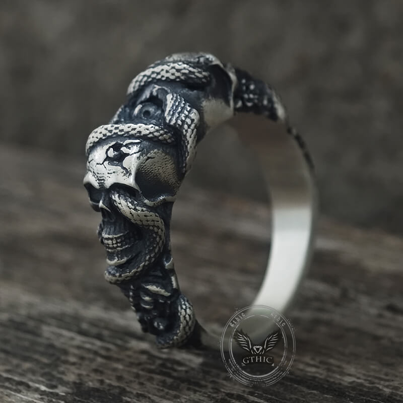 Gothic Coiled Snake Skull Sterling Silver Ring