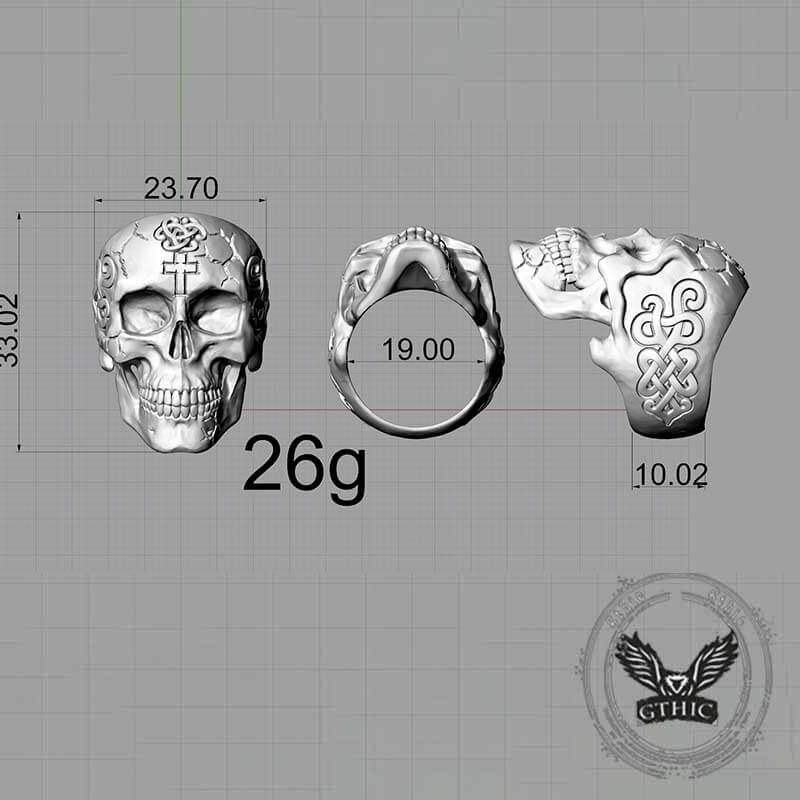 Gothic Cross Celtic Sterling Silver Cracked Skull Ring