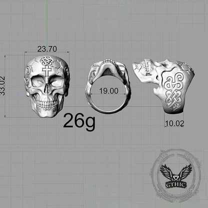 Gothic Cross Celtic Sterling Silver Cracked Skull Ring