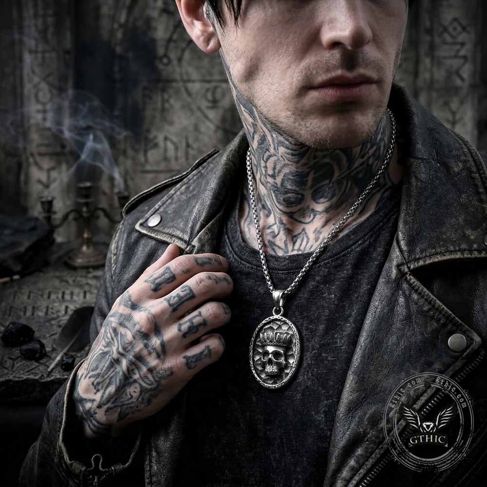 Gothic Crown Skull Stainless Steel Oval Pendant
