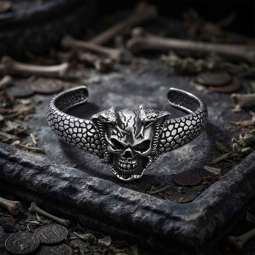 Gothic Double Snake Skull Stainless Steel Cuff Bracelet