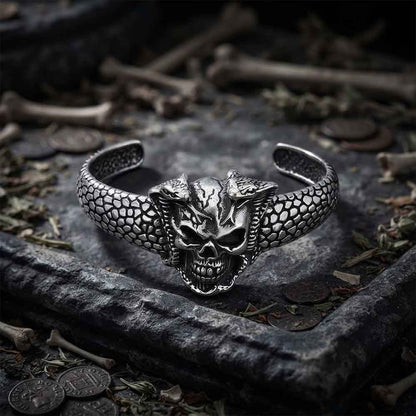 Gothic Double Snake Skull Stainless Steel Cuff Bracelet