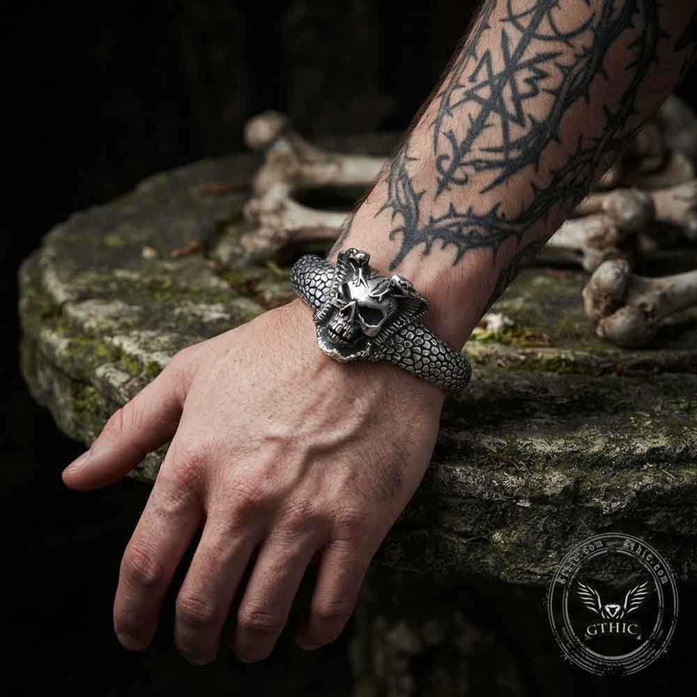 Gothic Double Snake Skull Stainless Steel Cuff Bracelet