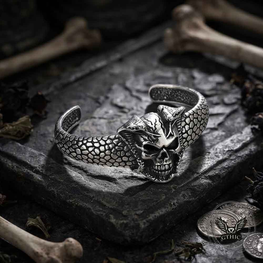 Gothic Double Snake Skull Stainless Steel Cuff Bracelet