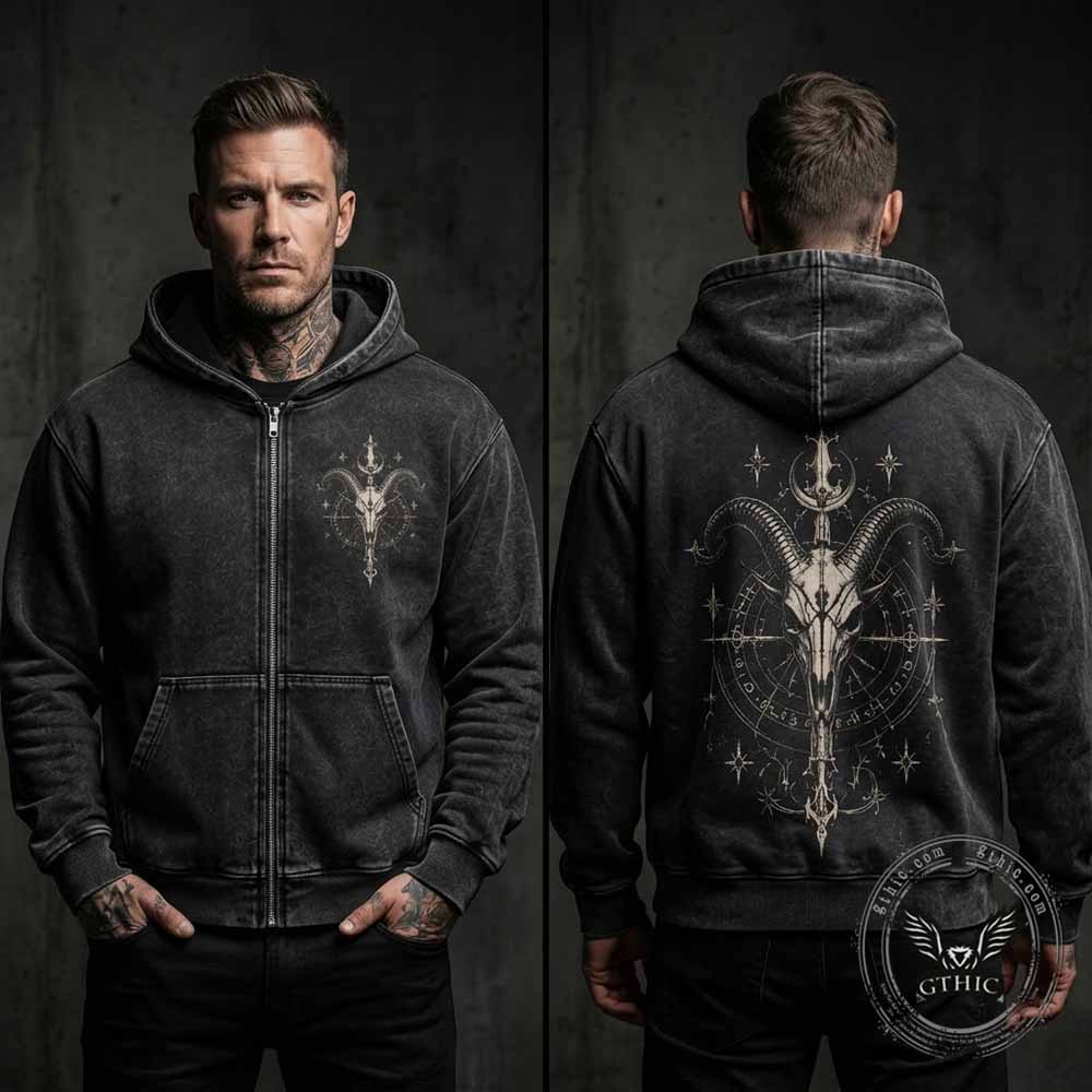 Gothic Goat Skull Vintage Washed Zip-Up Hooded Jacket