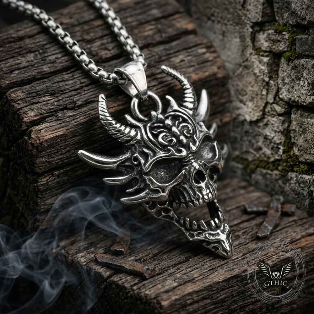 Gothic Hannya Horned Skull Stainless Steel Pendant