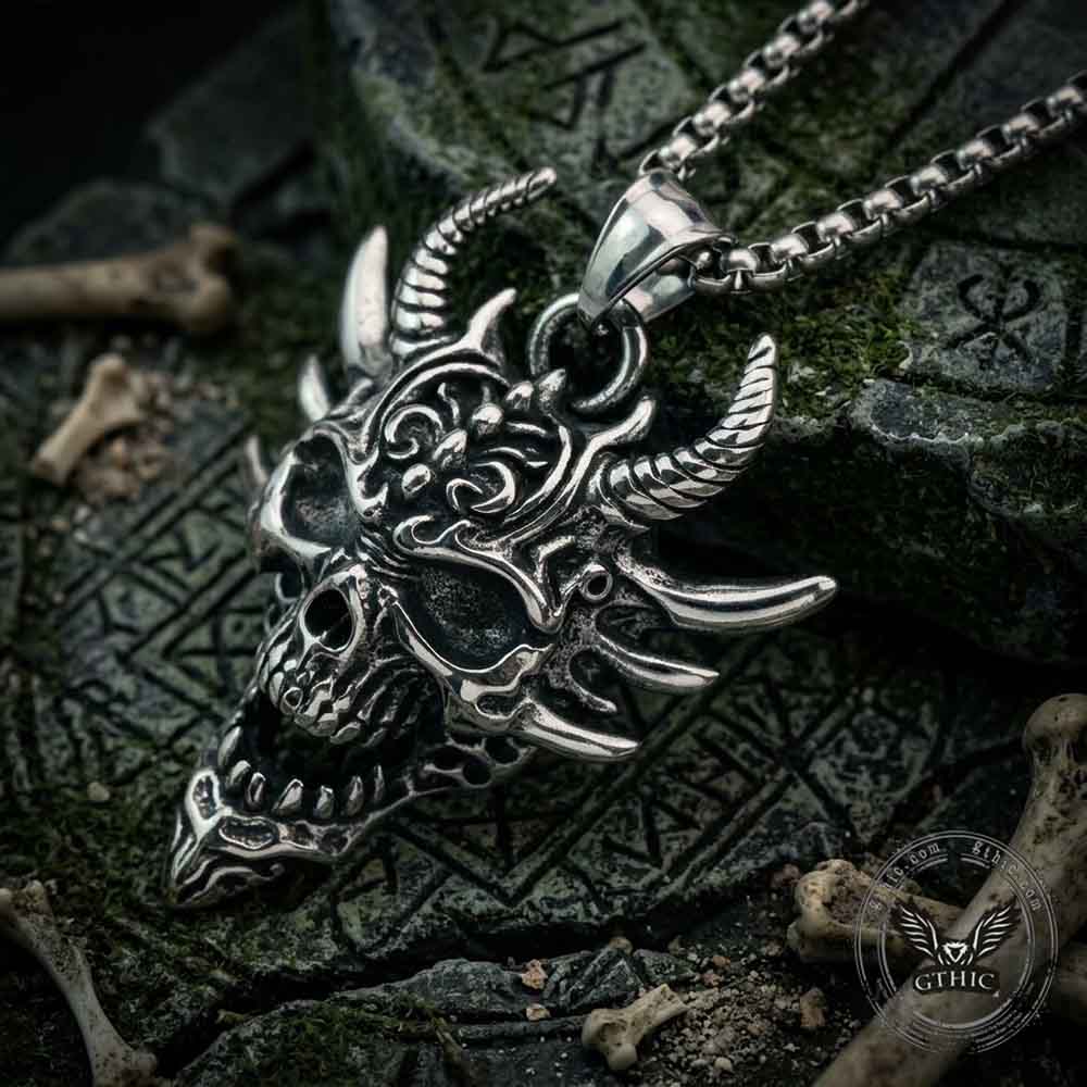 Gothic Hannya Horned Skull Stainless Steel Pendant