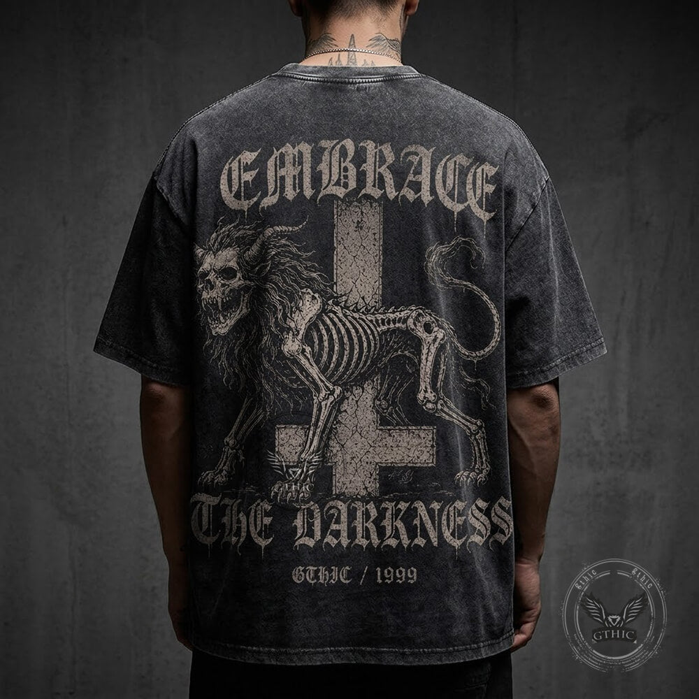 Gothic Inverted Cross Skeleton Beast Vintage Washed T-Shirt