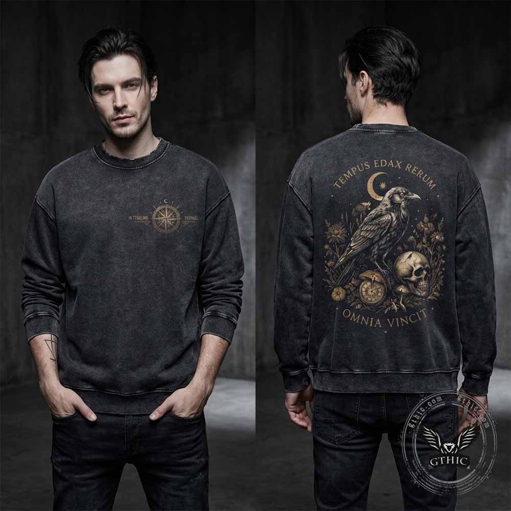 Gothic Moonlight Raven Skull Vintage Washed Sweatshirt
