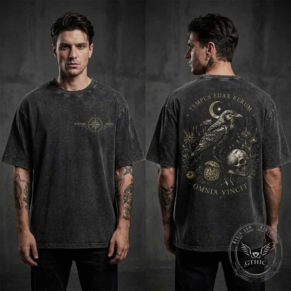 Gothic Moonlight Raven Skull Vintage Washed T-shirt