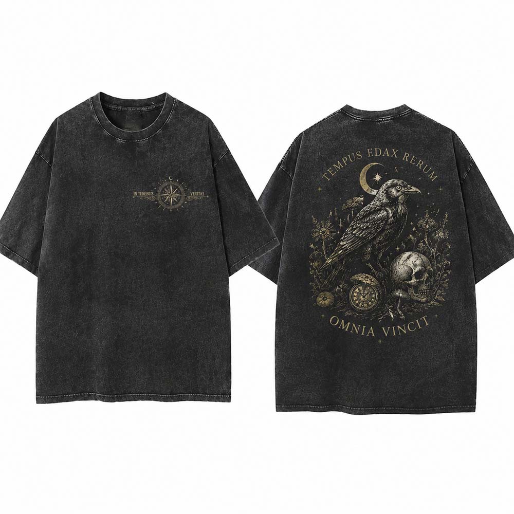 Gothic Moonlight Raven Skull Vintage Washed T-shirt