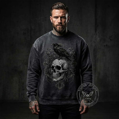 Gothic Raven Skull Cotton Vintage Washed Sweatshirt
