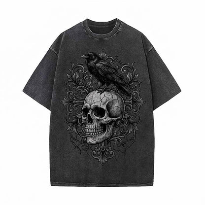 Gothic Raven Skull Cotton Vintage Washed T-shirt