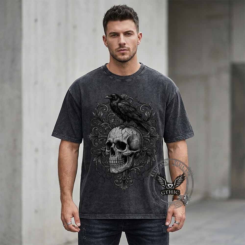 Gothic Raven Skull Cotton Vintage Washed T-shirt