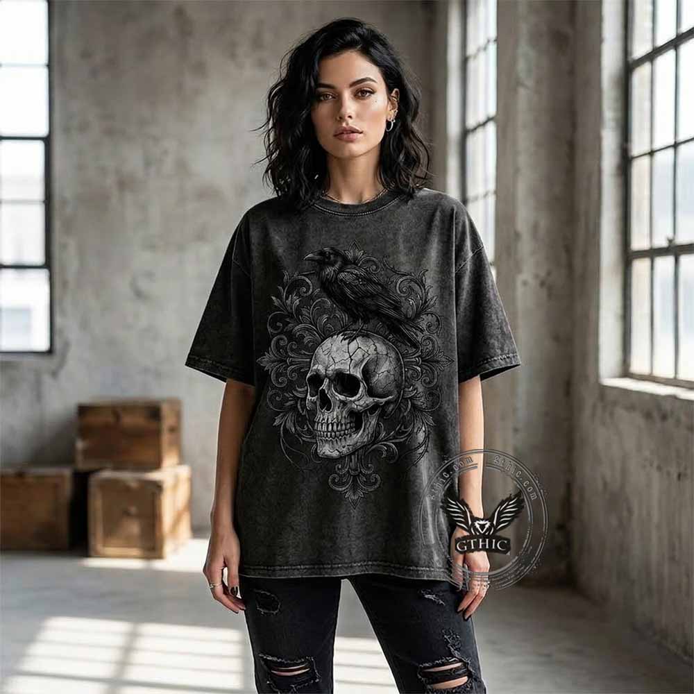 Gothic Raven Skull Cotton Vintage Washed T-shirt