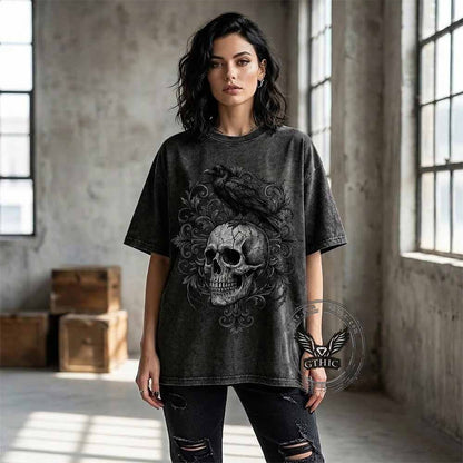 Gothic Raven Skull Cotton Vintage Washed T-shirt