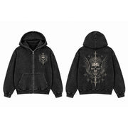 Gothic Skull Crown Vintage Washed Zip-Up Hooded Jacket