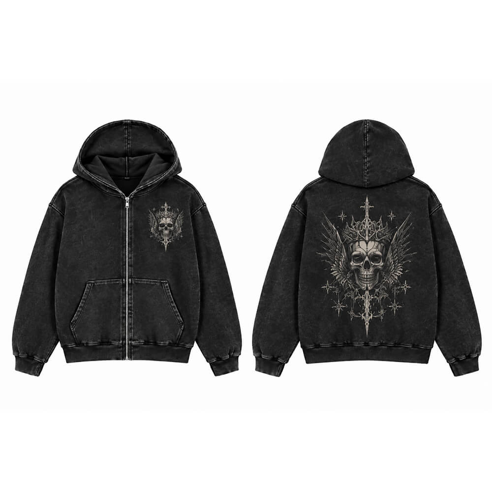 Gothic Skull Crown Vintage Washed Zip-Up Hooded Jacket