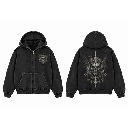 Gothic Skull Crown Vintage Washed Zip-Up Hooded Jacket