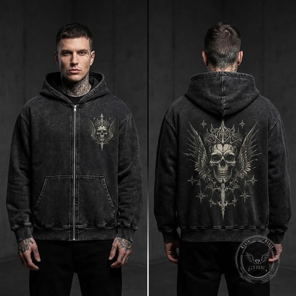 Gothic Skull Crown Vintage Washed Zip-Up Hooded Jacket