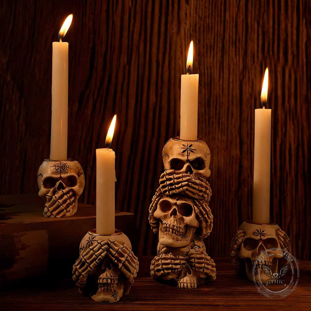 Gothic Three No Halloween Skull Resin Candle Holder