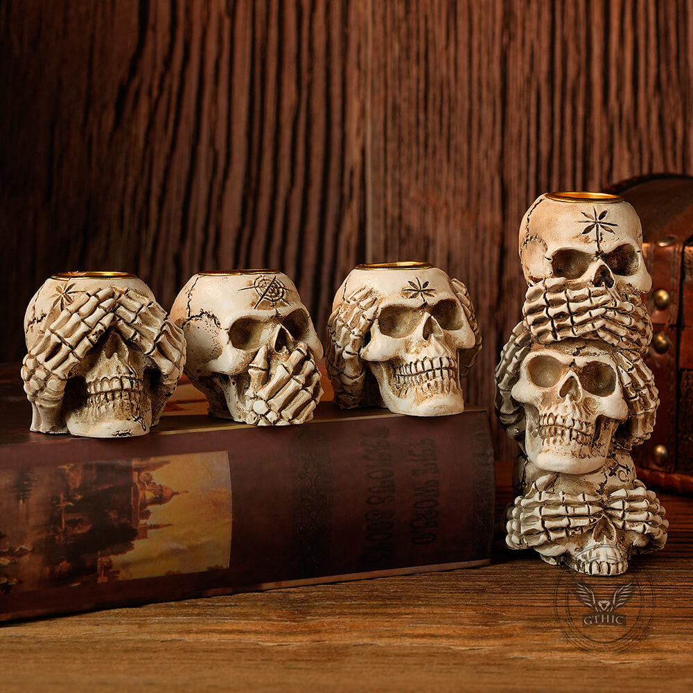 Gothic Three No Halloween Skull Resin Candle Holder